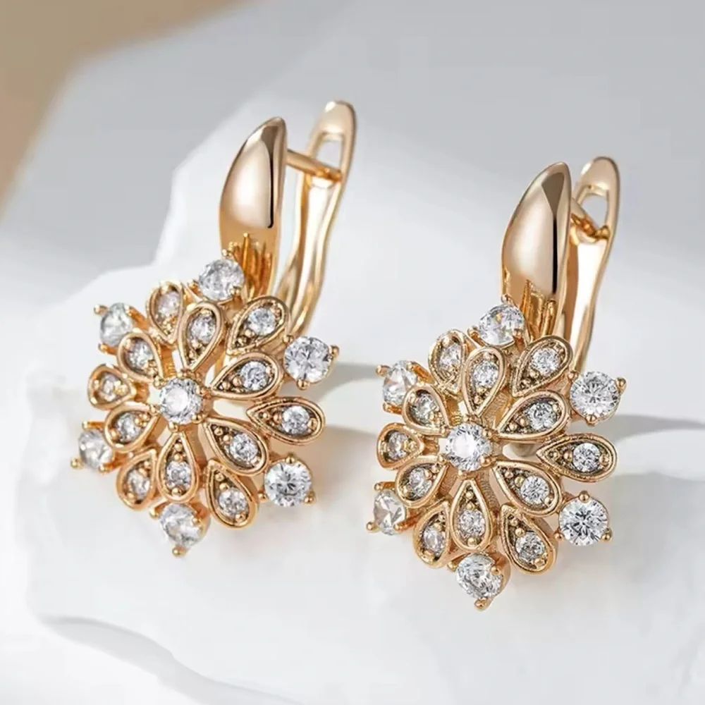 585 Rose Gold Color Crystal Flower Dangle Earrings for Women Shiny Natural Zirco
